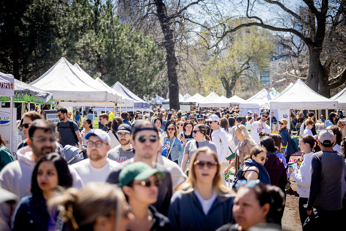A crowd of people walks between tents at a farmers market