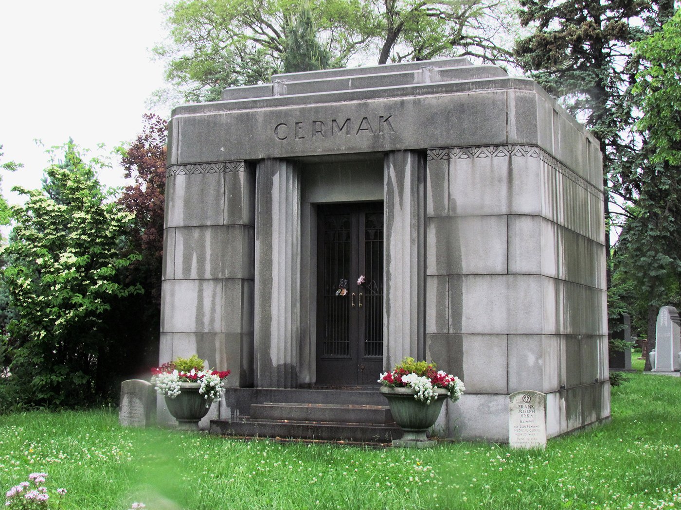 The Art Deco mausoleum of Anton Cermak, with flowers in front