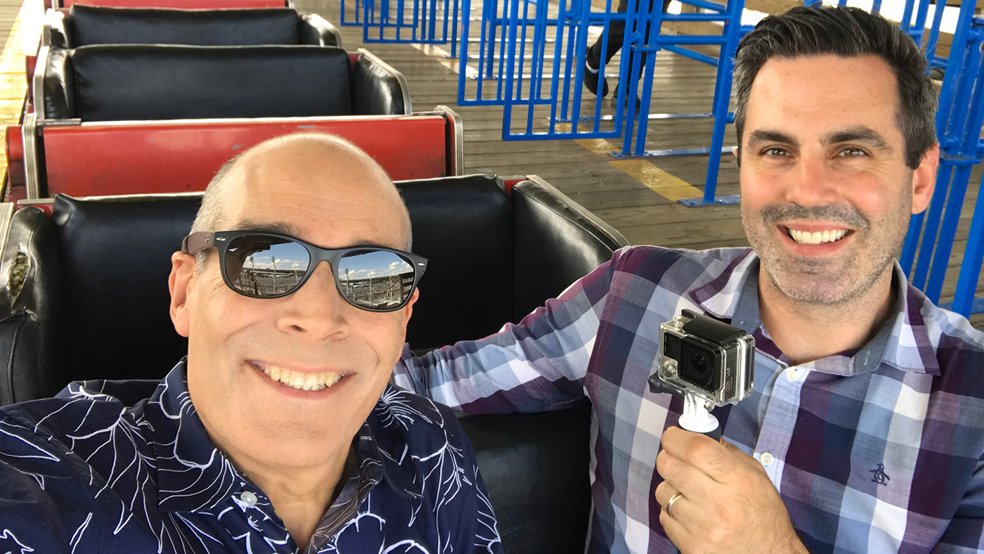 Geoffrey smiles gamely after a harrowing roller coaster ride with Producer Eddie Griffin at Indiana Beach in Monticello, Indiana