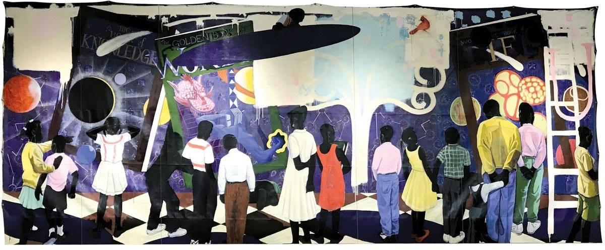 A mural of Black children amongst books and depictions of knowledge