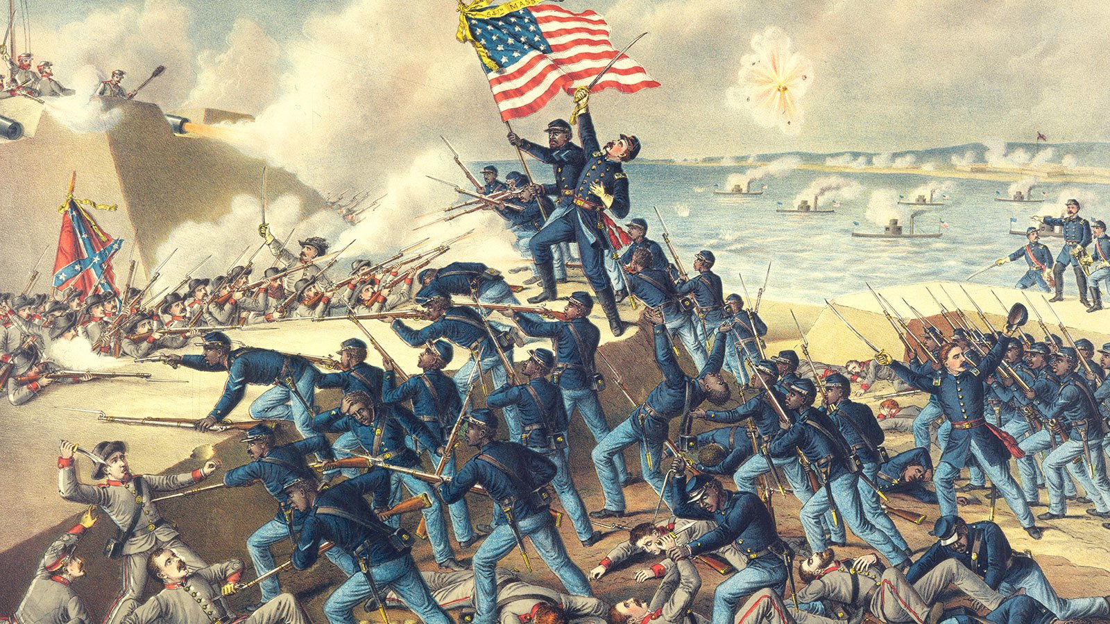 Chromolithograph of Union soldiers storming the walls of Fort Wagner