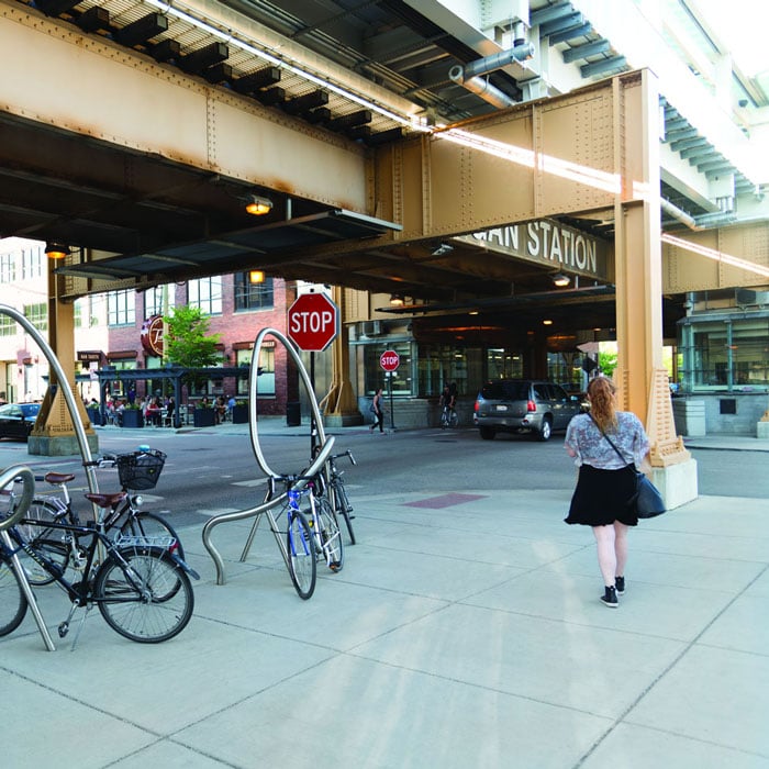 Bicycle Racks, Lacey Pipher, 2012, Morgan Green/Pink Line Station. Photo: Aron Gent / Courtesy of the Chicago Transit Authority