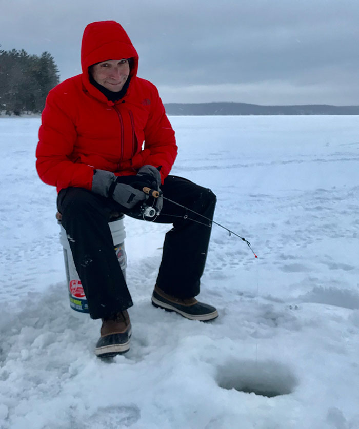 Geoffrey tries his hand at ice fishing