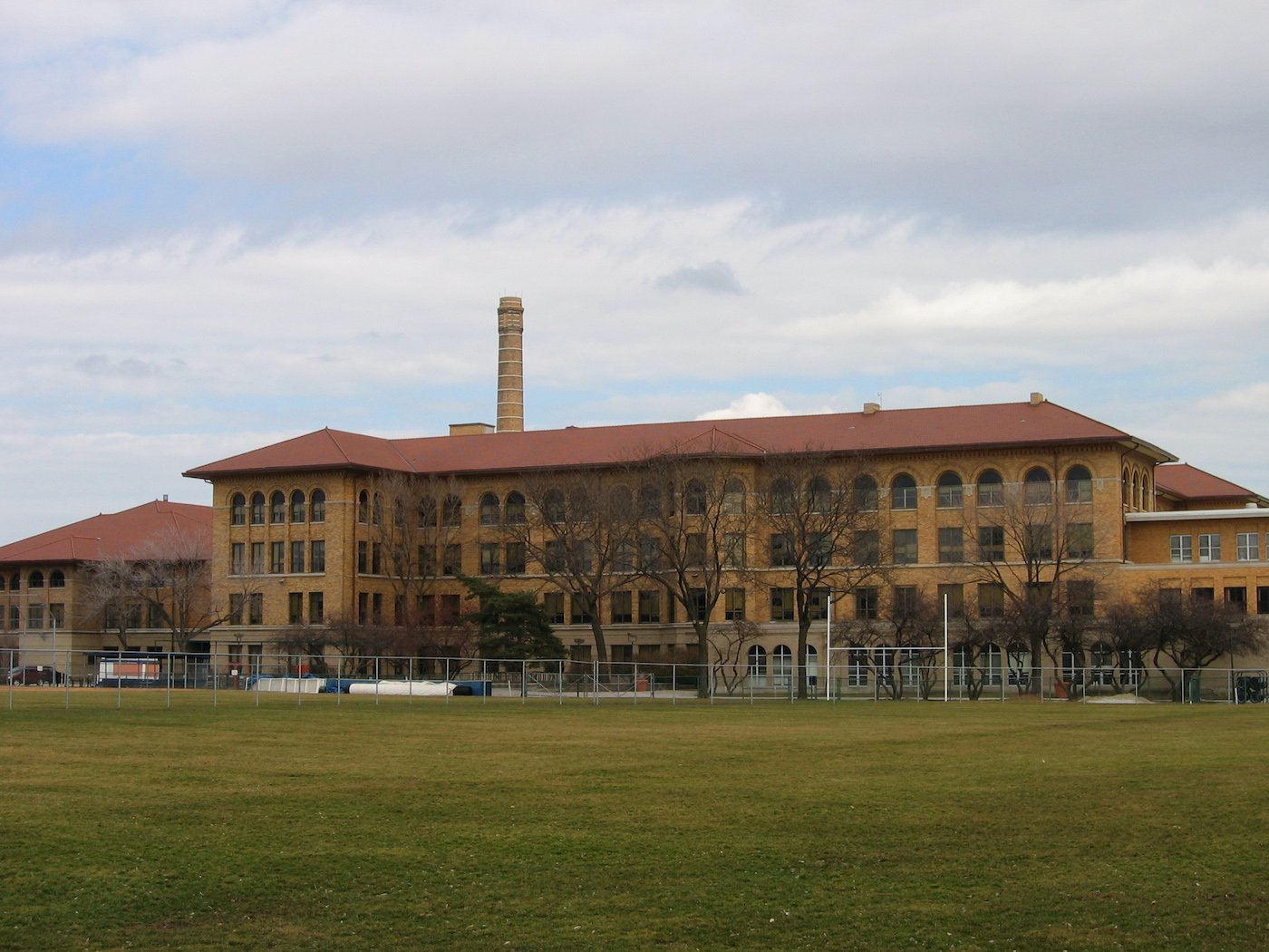 Oak Park and River Forest High School seen across a lawn