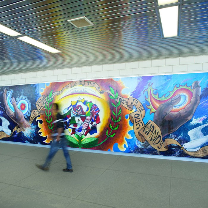 Untitled, Hector Duarte, Gallery 37, and Curie High School Students, 1998, Pulaski Orange Line Station. Photo: Aron Gent / Courtesy of the Chicago Transit Authority