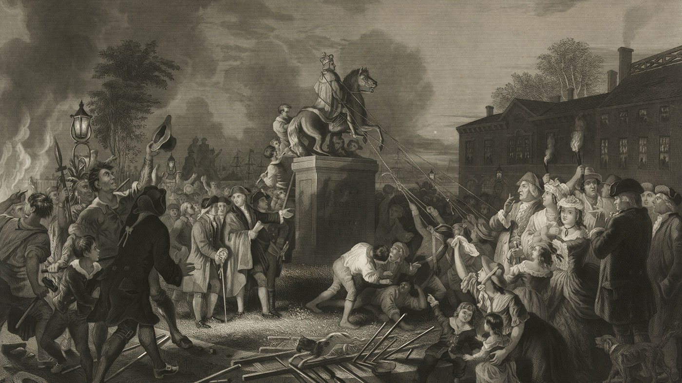 Pulling Down the Statue of George III by the "Sons of Freedom," at the Bowling Green, City of New York, July 1776