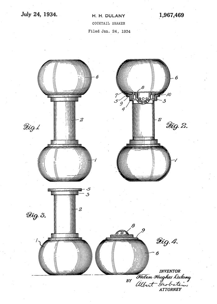 Cocktail shaker patent design by Helen Hughes Dulany