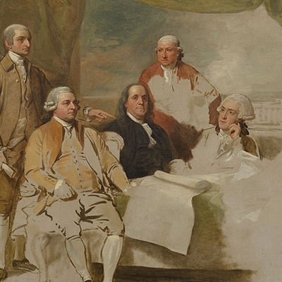 American Commissioners of the Preliminary Peace Negotiations with Great Britain. Left to right: John Jay, John Adams, Benjamin Franklin, Henry Laurens, and William Temple Franklin. Painting by Benjamin West. Photo: In the collection of Winterthur Museum, Garden & Library