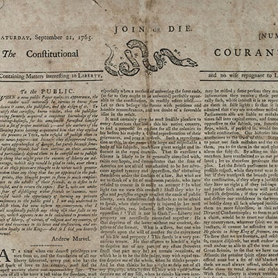 Anti-Stamp Act newspaper using Benjamin Franklin's "Join or Die" snake cartoon, September 21, 1765. Photo: The New York Public Library