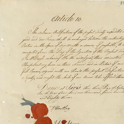The Treaty of Paris, signed by Benjamin Franklin on September 3, 1783. Photo: National Archives and Records Administration