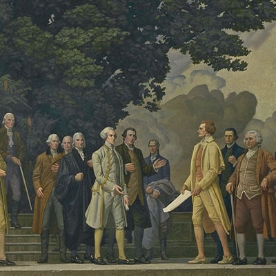 Declaration of Independence mural by Barry Faulkner, 1936. Among those pictured are Samuel Adams, John Adams, Thomas Jefferson, Benjamin Franklin, Roger Sherman, and John Hancock. Photo: Library of Congress