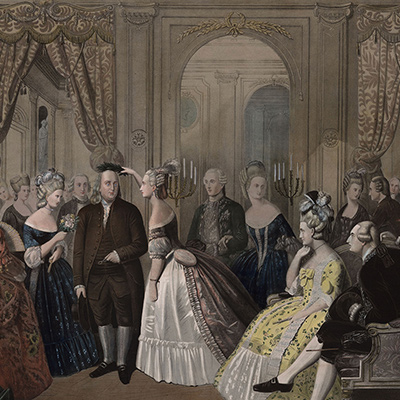 Benjamin Franklin surrounded by members of the French court in 1778, during his time as Ambassador. Marie-Antoinette and King Louis XVI are on the right. Photo: Library of Congress