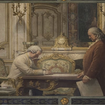 Signing of the Treaty of Amity and Commerce and of Alliance between France and the United States. Mural by Charles Mills, ca. 1908. Photo: Benjamin Franklin Institute of Technology