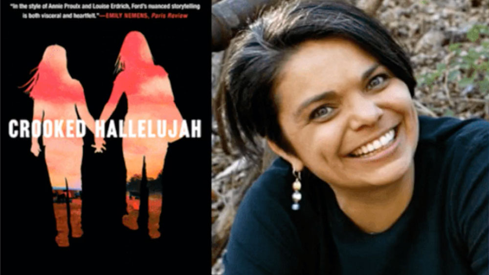 Author Keli Jo Ford next to the cover of her book, Crooked Hallelujah
