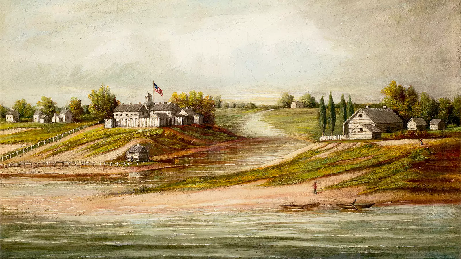 The Kinzie Mansion, which John Kinzie purchased from Jean Baptiste Point DuSable, and Fort Dearborn, painted circa 1900 by an unidentified artist. Oil on canvas