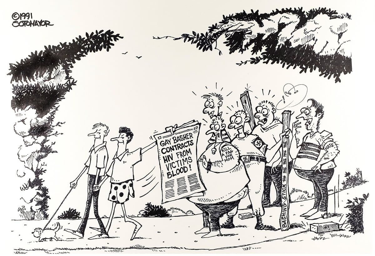 Cartoon depicting bullies reading a newspaper article held by gay couple