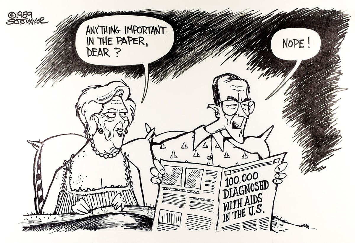Cartoon depicting a man reading the paper with a headline about aids