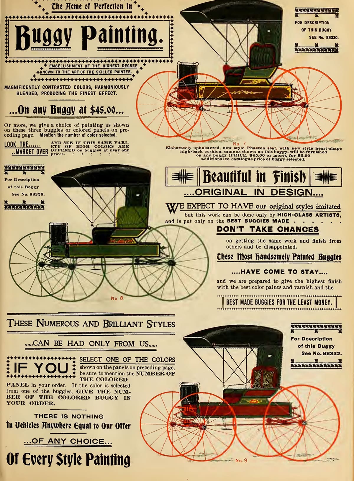 An 1899 catalog page depicting painted buggies