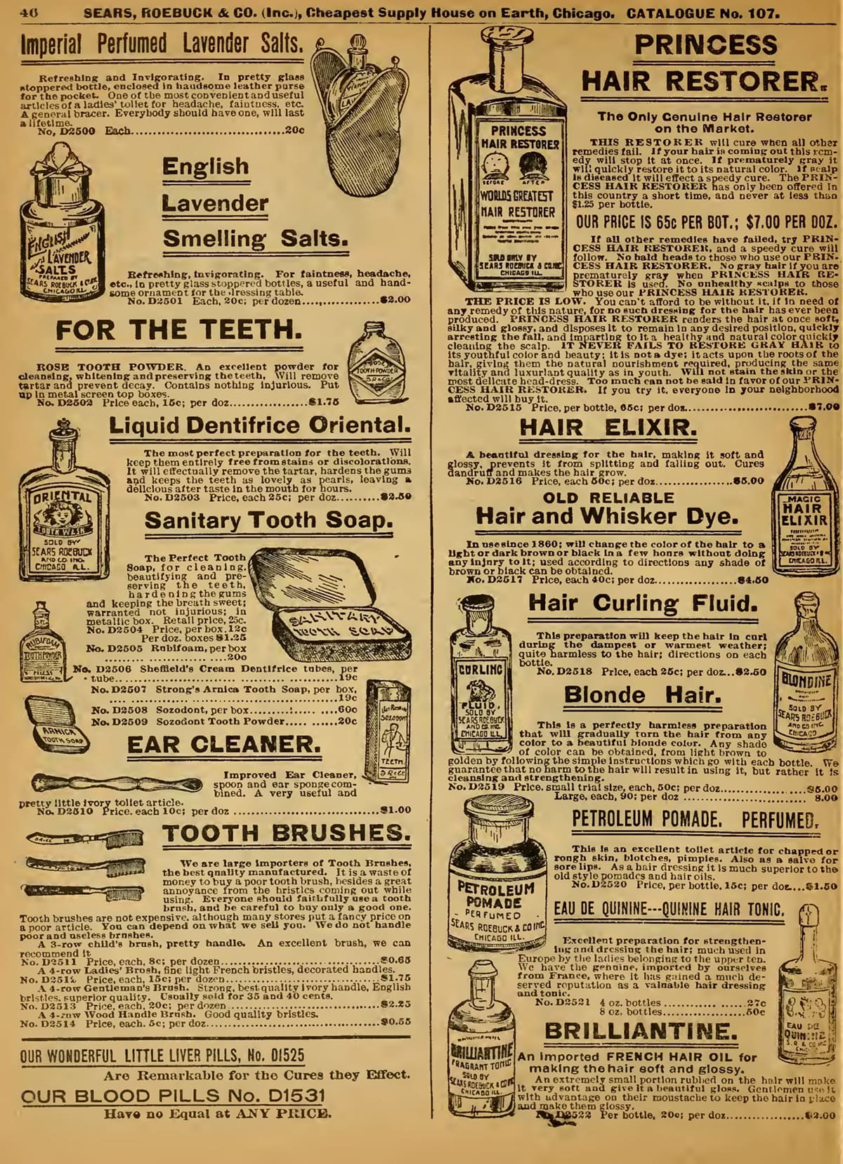 An 1899 catalog page depicting “hair restorer”