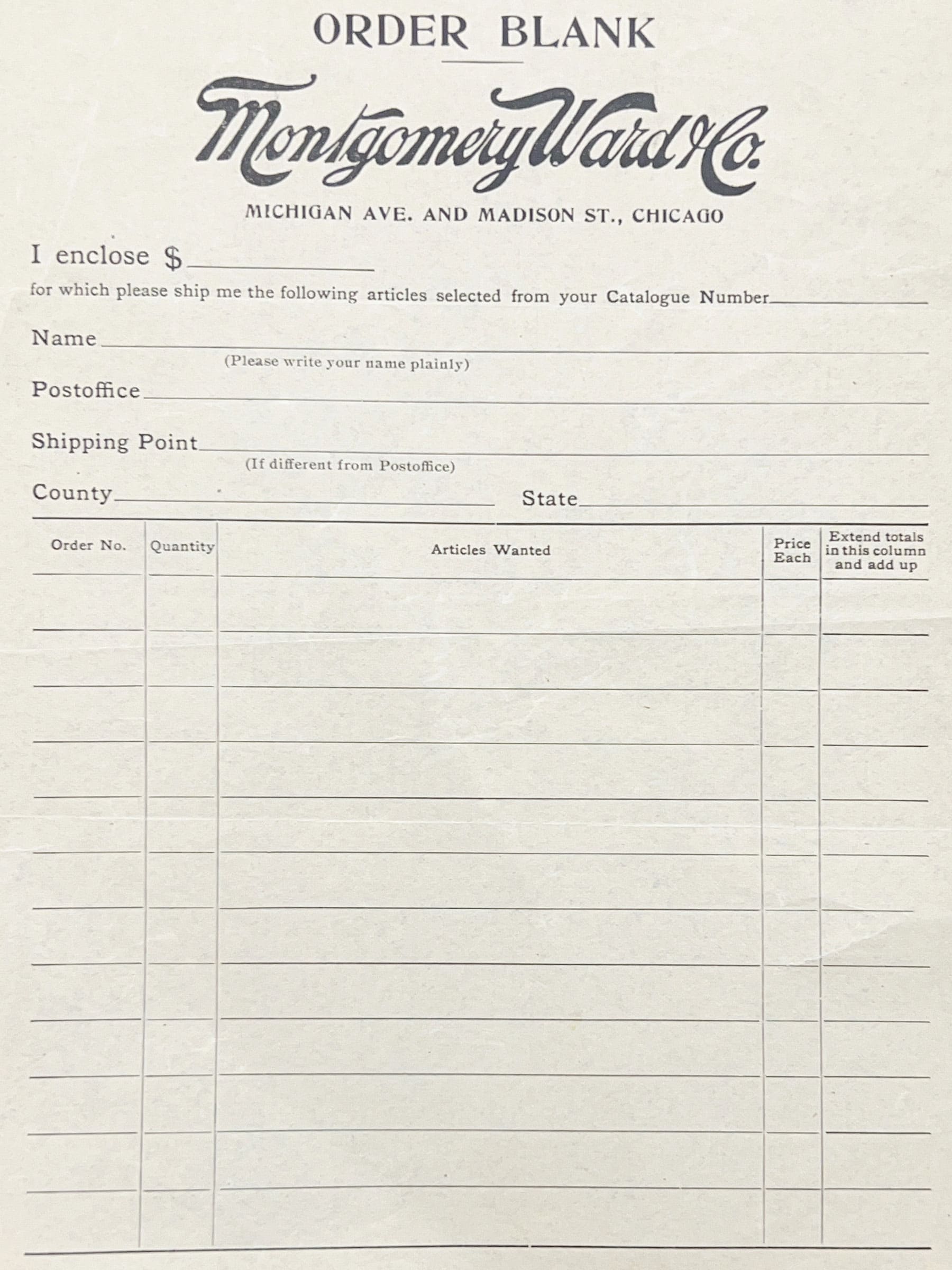 A blank order form from the 1890s