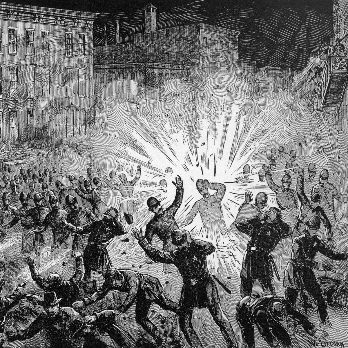 Illustration of what appears to be an explosion and a crowd of people around falling outward