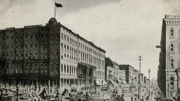 Illustration of intersection at Dearborn and Lake Streets, Chicago, 1853