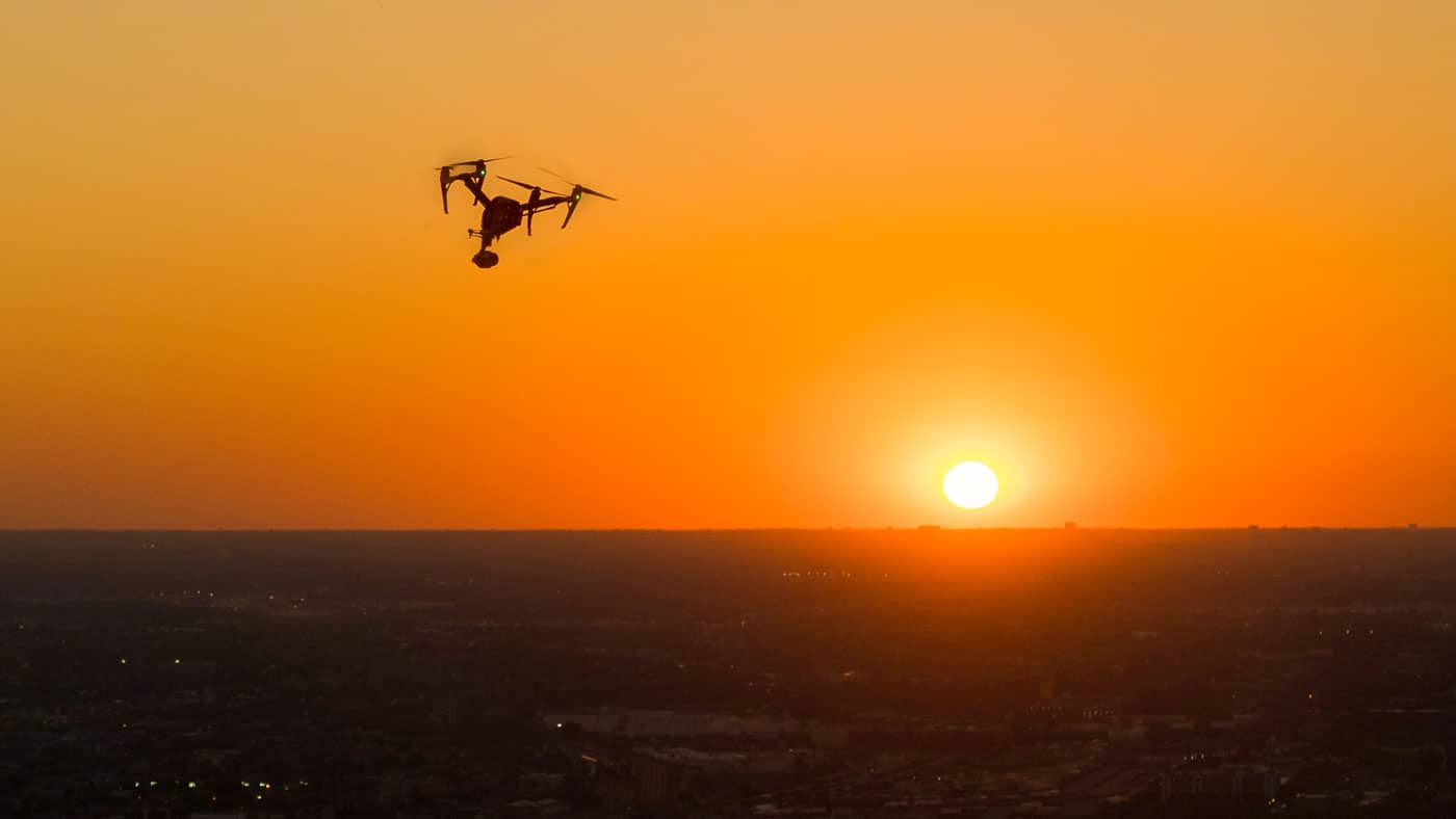 Chicago skyline sunset with drone flying in sky