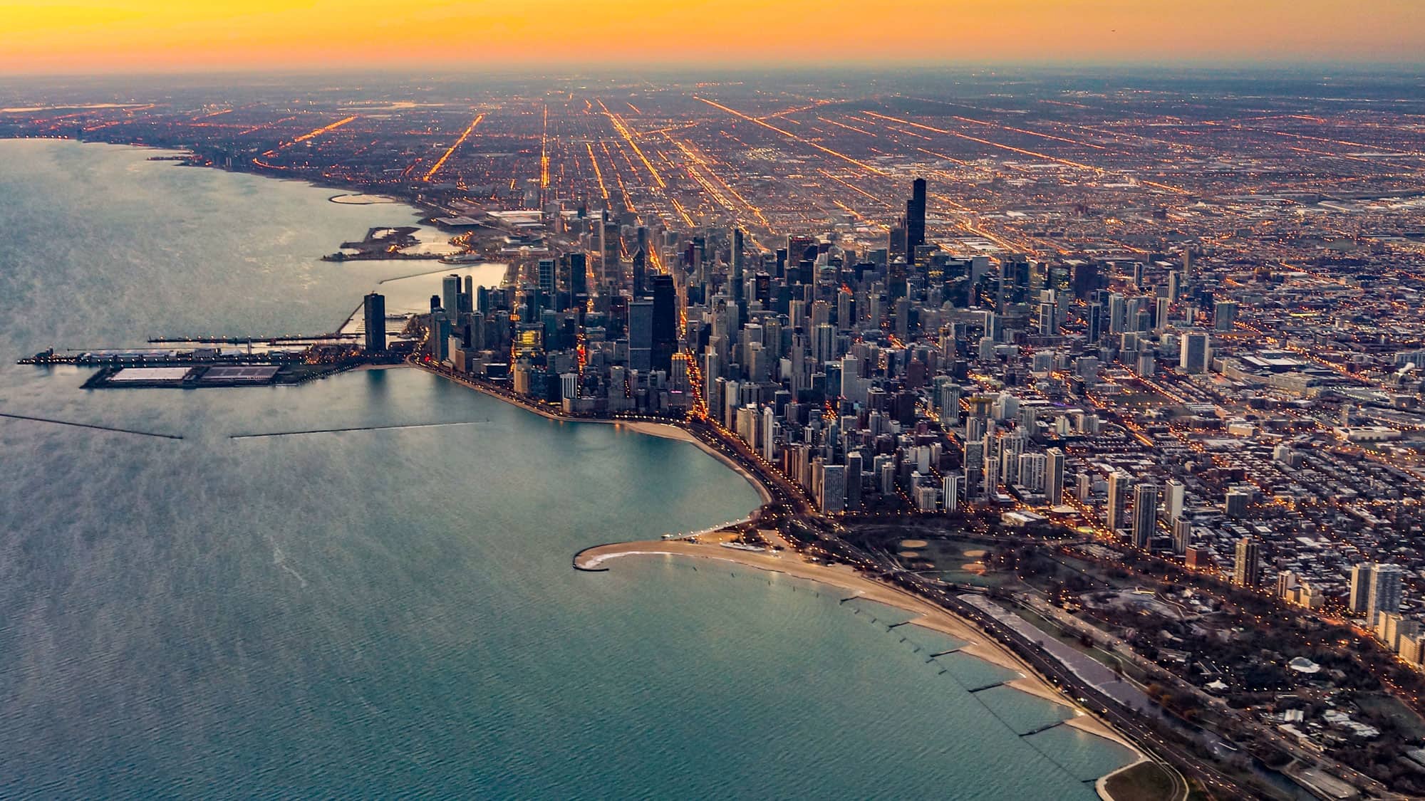 Chicago city skyline looking south at sunset
