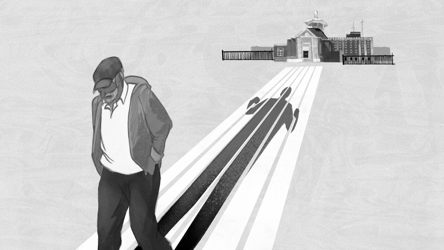 Illustration of older man walking away from prison