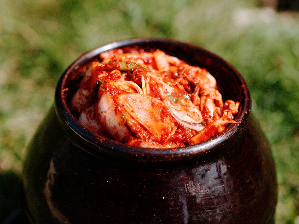 A filled container of kimchi