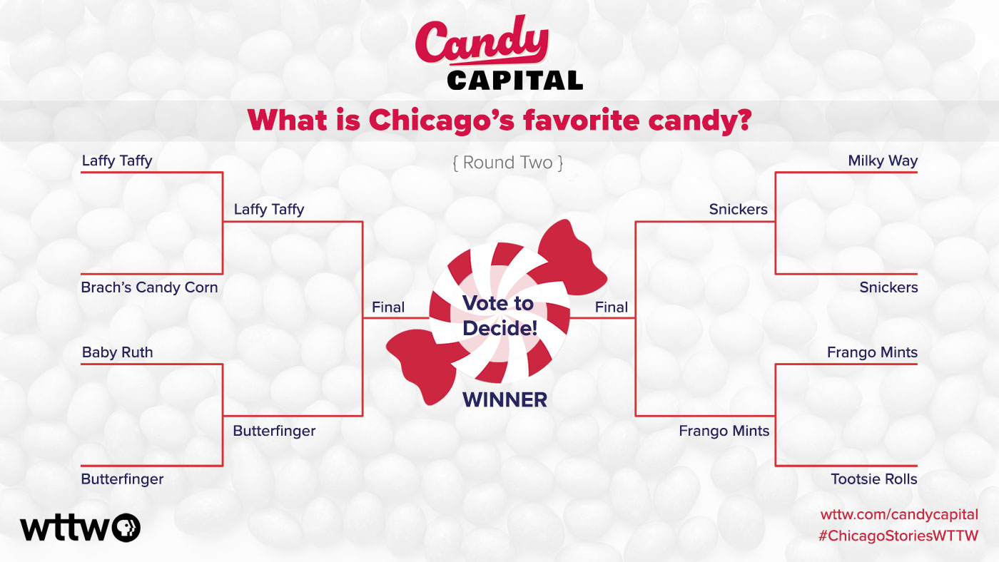 第二轮：Laffy Taffy，Butterfinger，Snickers和Frango Mints晋级！投票支持你喜欢的糖果。