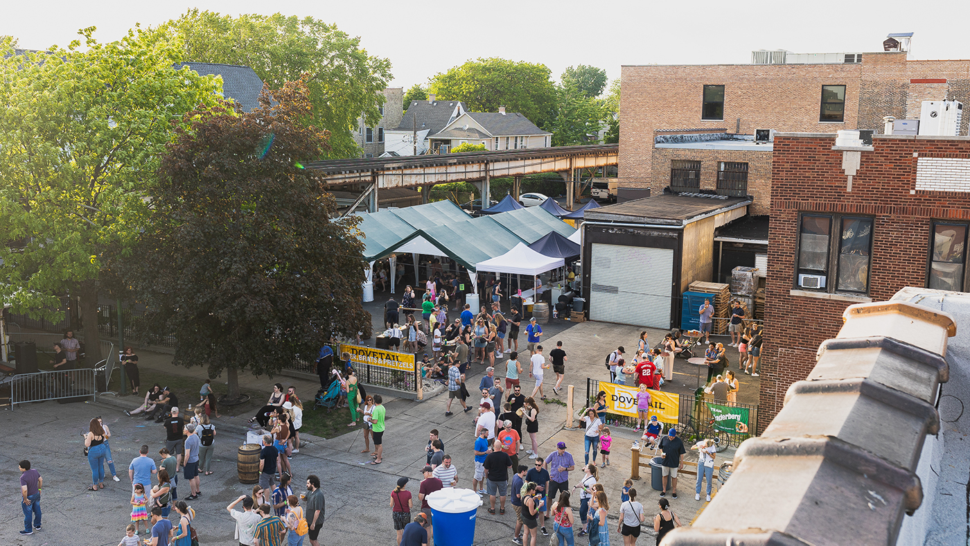 An overhead view of a street festival