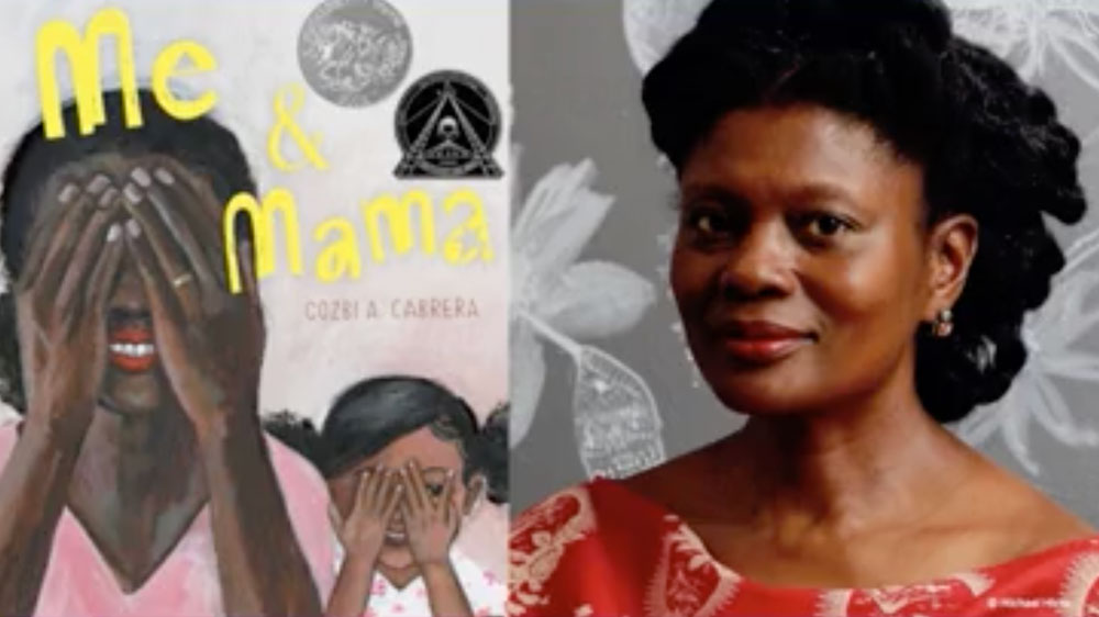Author Cozbi A. Cabrera next to the cover of her book, Me & Mama