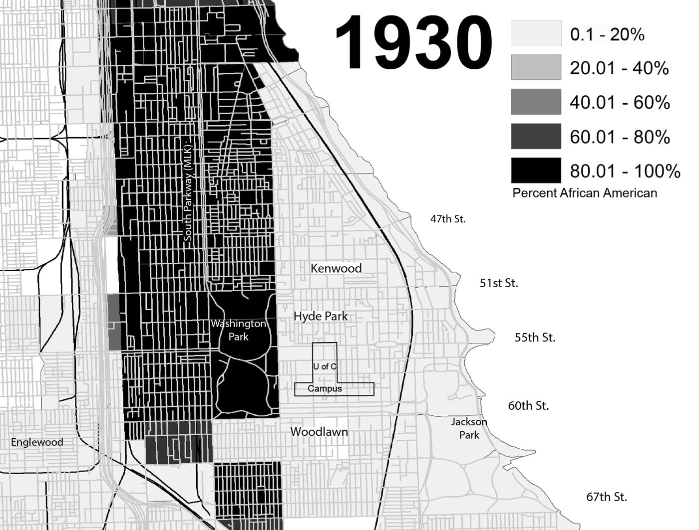 map showing Chicago in 1930 detailing population density by race