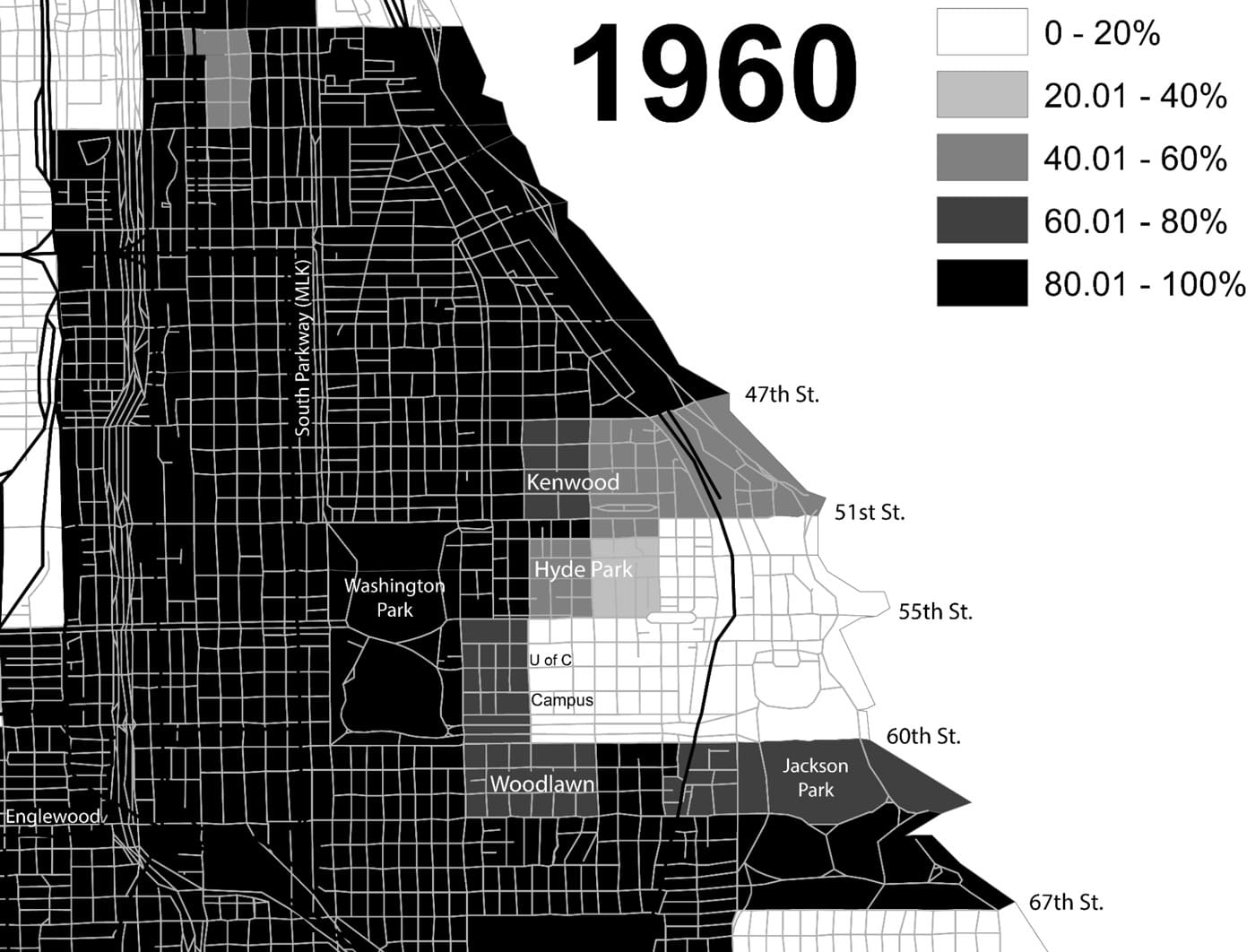 map showing Chicago in 1960 detailing population density by race
