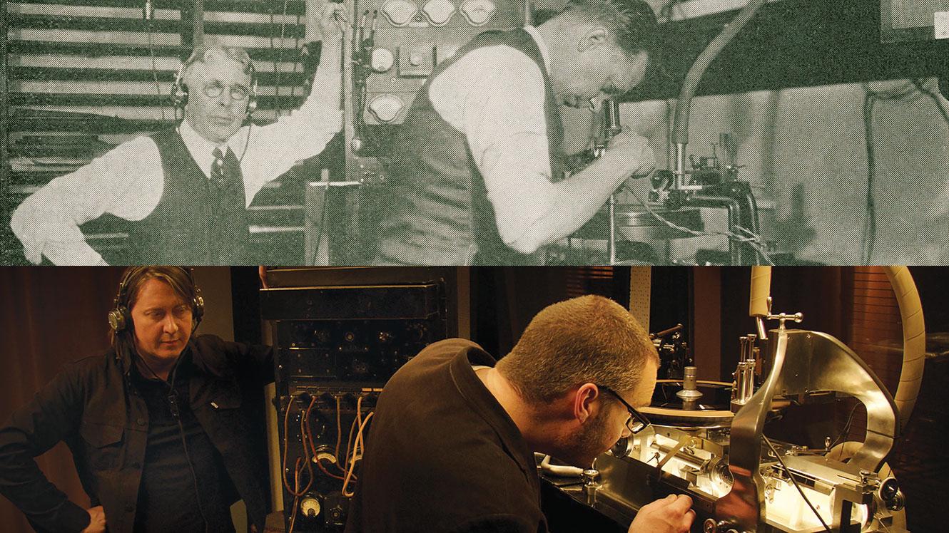 Okeh engineers with the Western Electric recording machine, and director Bernard MacMahon and engineer Nicholas Bergh. Photos: Maida Vale Music (top); ©2017 Lo-­‐Max Records Ltd.(bottom)