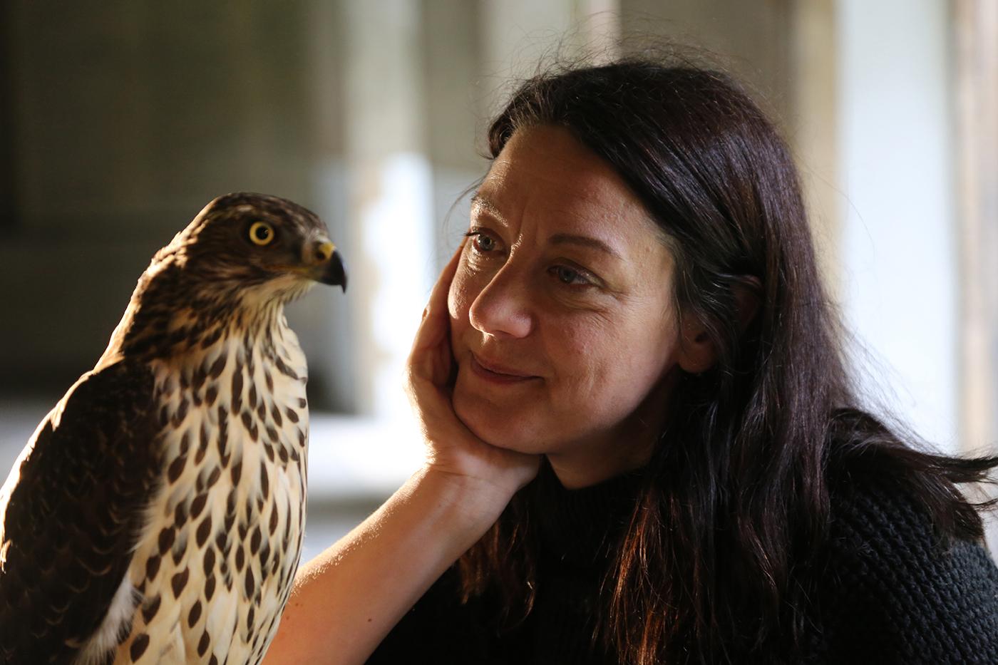 Helen Macdonald, author of H is for Hawk, with her goshawk Lupin. Photo: Courtesy Mike Birkhead Associates