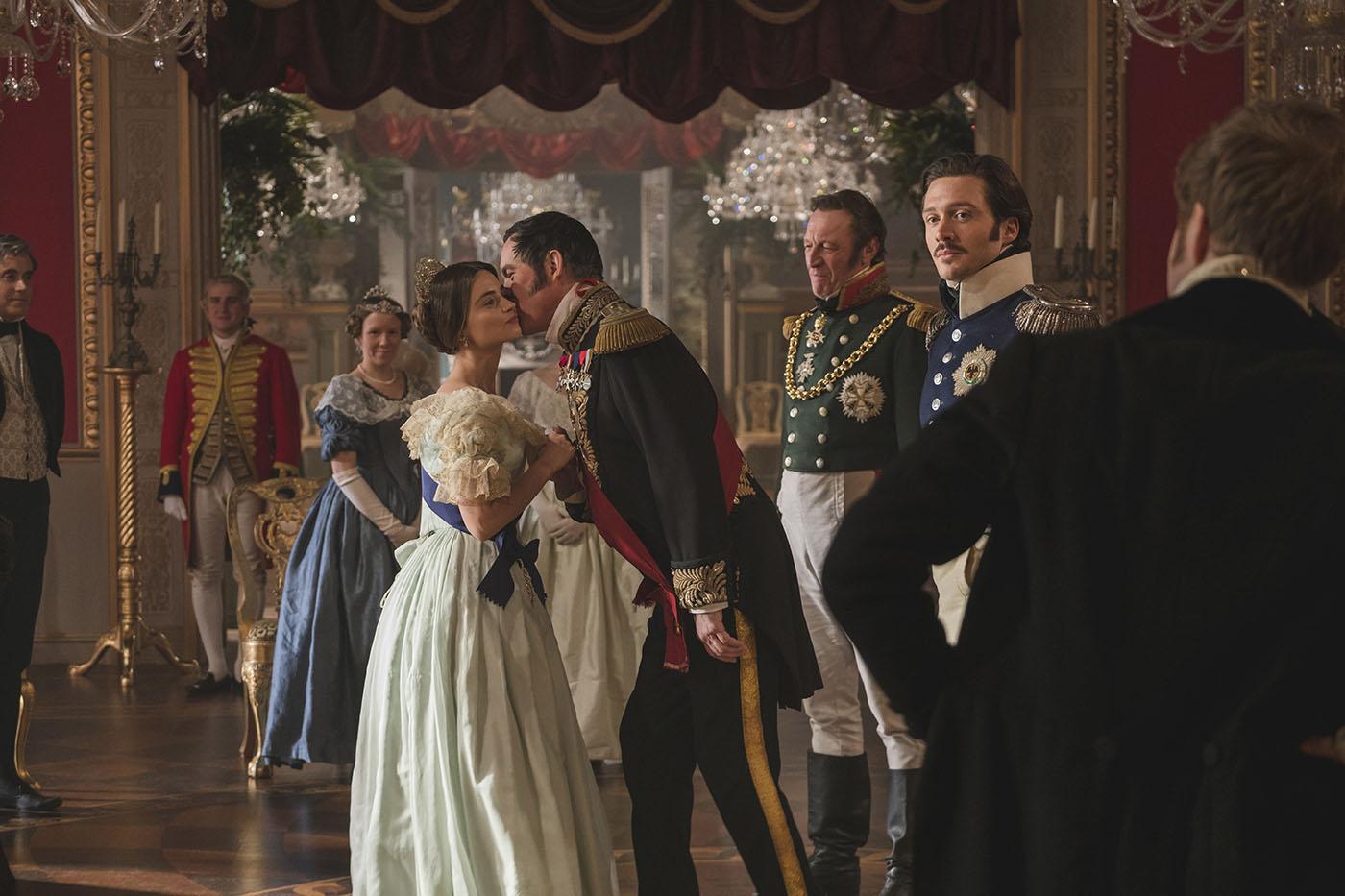 King Leopold, Ernest, and the Duke of Coburg greet Queen Victoria. Photo: Courtesy of ITV Studios
