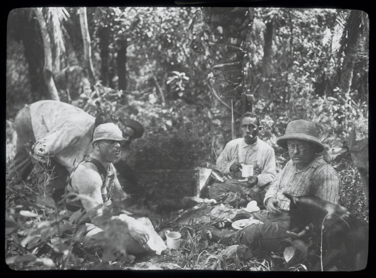 Theodore Roosevelt, Candido Rondon and camaradas sitting in camp, 1914. Photo: Courtesy of the Library of Congress