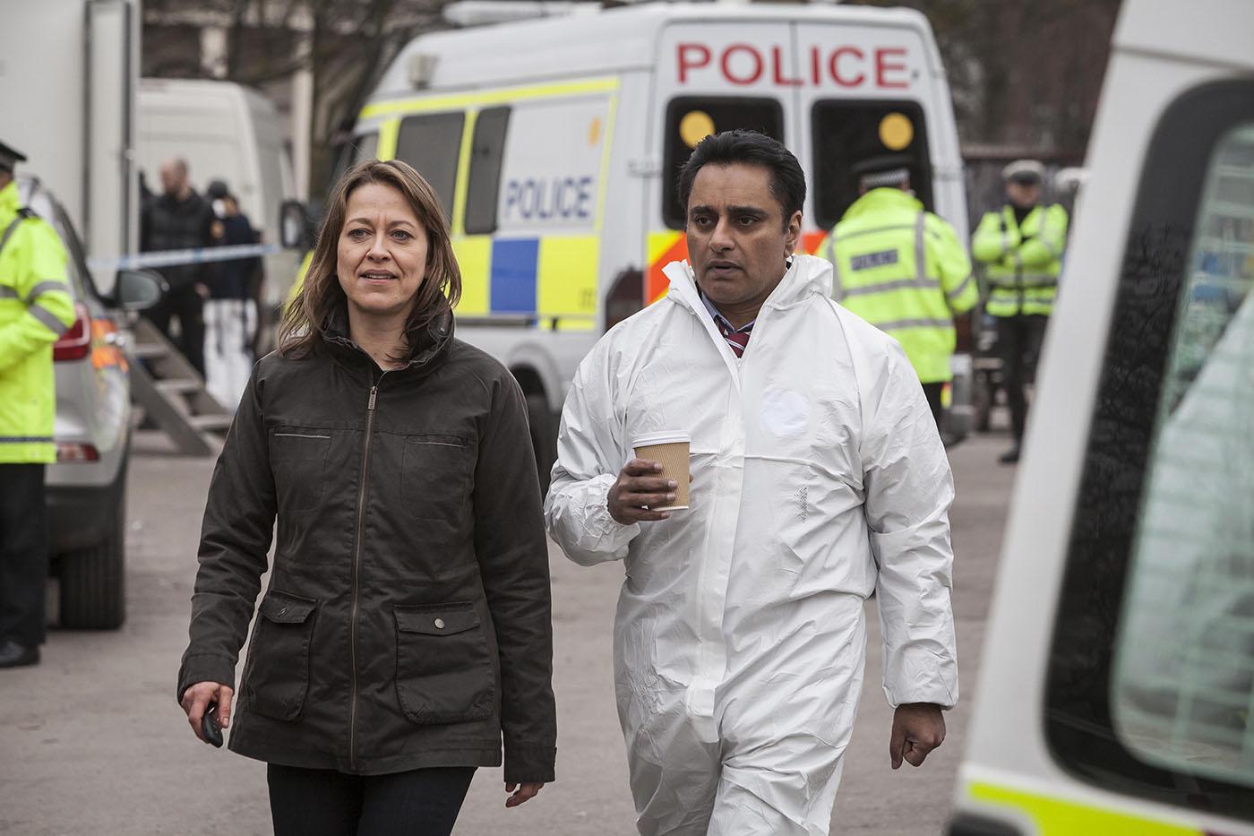 Cassie Stuart (Nicola Walker) and Sunny Khan (Sanjeev Bhaskar) in Unforgotten. Photo: John Rogers/Mainstreet Pictures