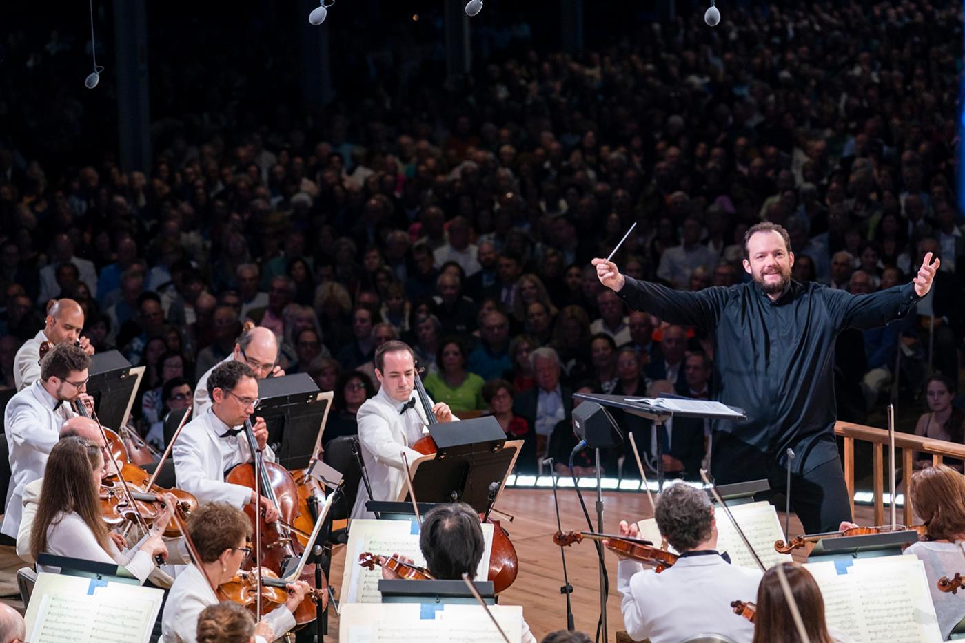 Andris Nelsons leads the Boston Symphony Orchestra at Tanglewood in a celebration of Leonard Bernstein's Centennial. Photo: Chris Lee