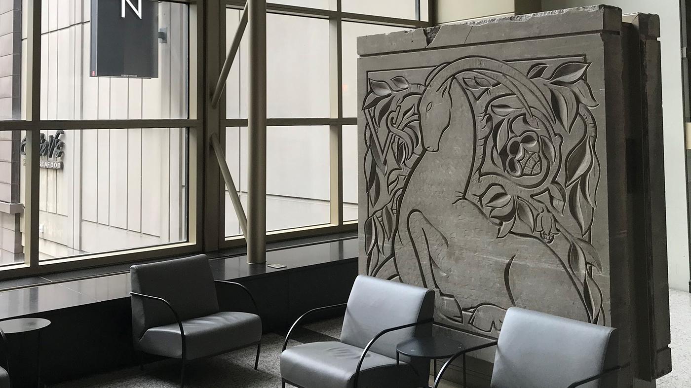 A sculptural panel of Aries by Eugene and Gwen Lux depicting Aries that originally decorated the facade of the McGraw-Hill Building and is now located in the Shops at North Bridge