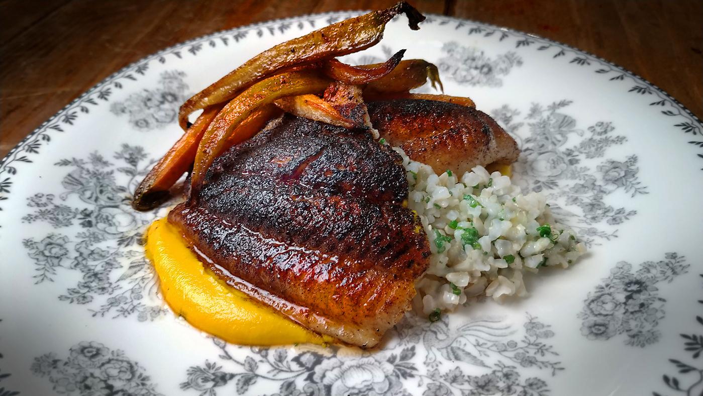 Blackened catfish with Carolina Gold rice and barbeque carrots at Virtue. Photo: Gary Adcock/Studio37 