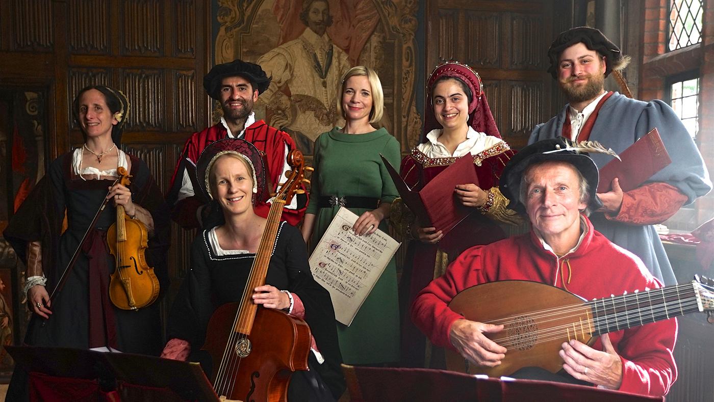 Lucy Worsley (center) with musicians at Ingatestone Hall in 12 Days of Tudor Christmas. Photo: Burning Bright Productions