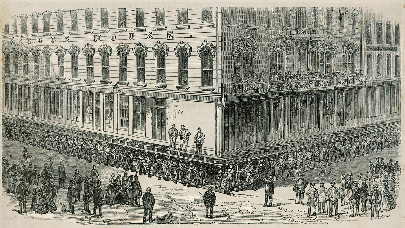"A New American Invention: Raising an Hotel at Chicago." Drawing of the raising of the Briggs Hotel, 1857. Artist unknown. Credit: the Chicago History Museum for 10 That Changed America