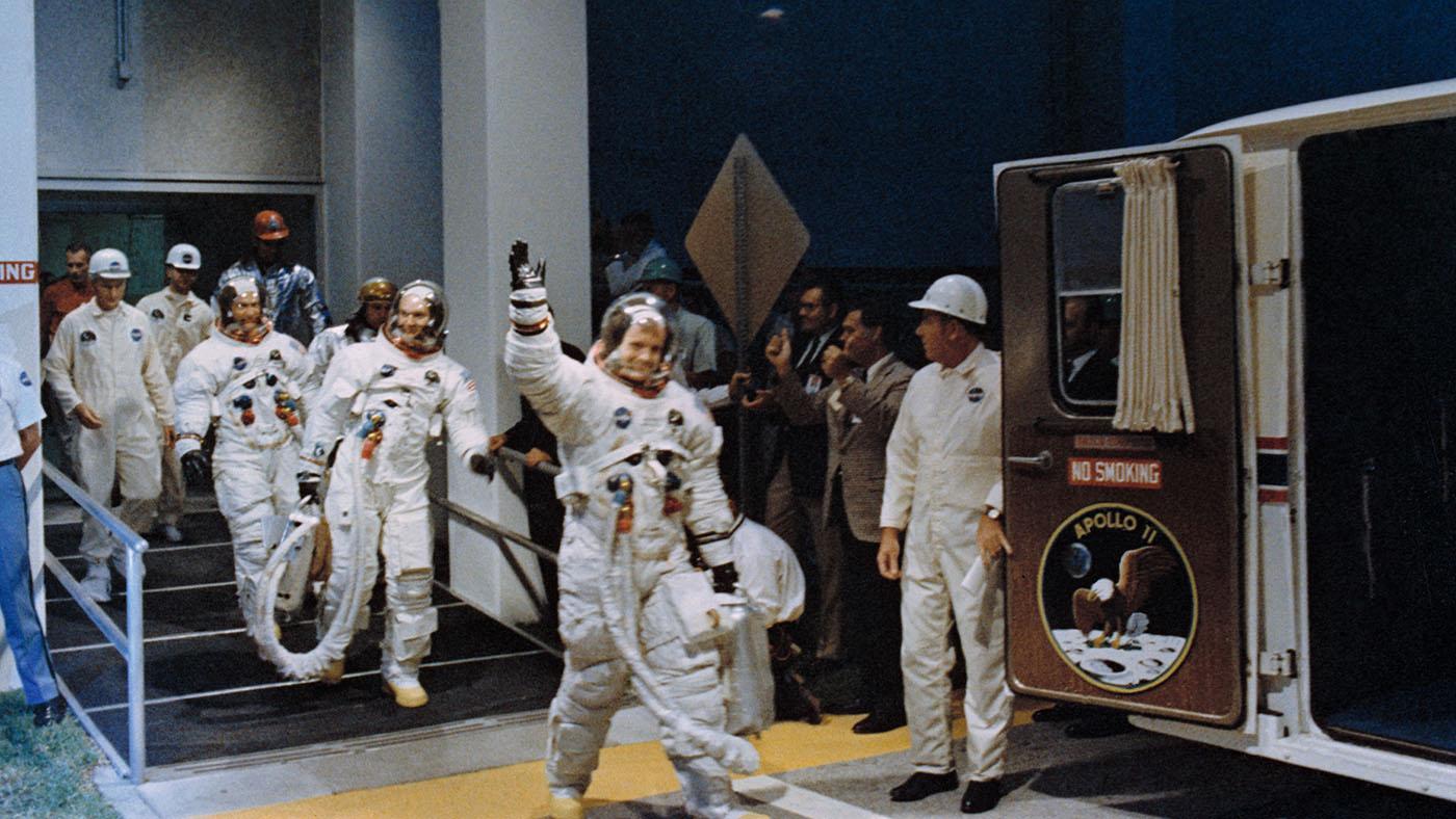 Astronauts Neil Armstrong, commander; Michael Collins, command module pilot; and Buzz Aldrin, lunar module pilot, leave the Kennedy Space Center’s Manned Spacecraft Operations Building during the prelaunch countdown for the Apollo 11 mission on July 16, 1969. Photo: courtesy of NASA