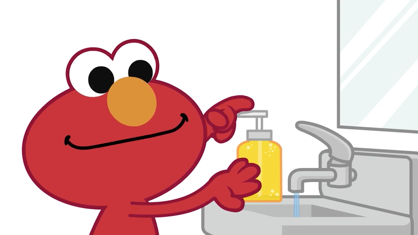 Elmo washes his hands