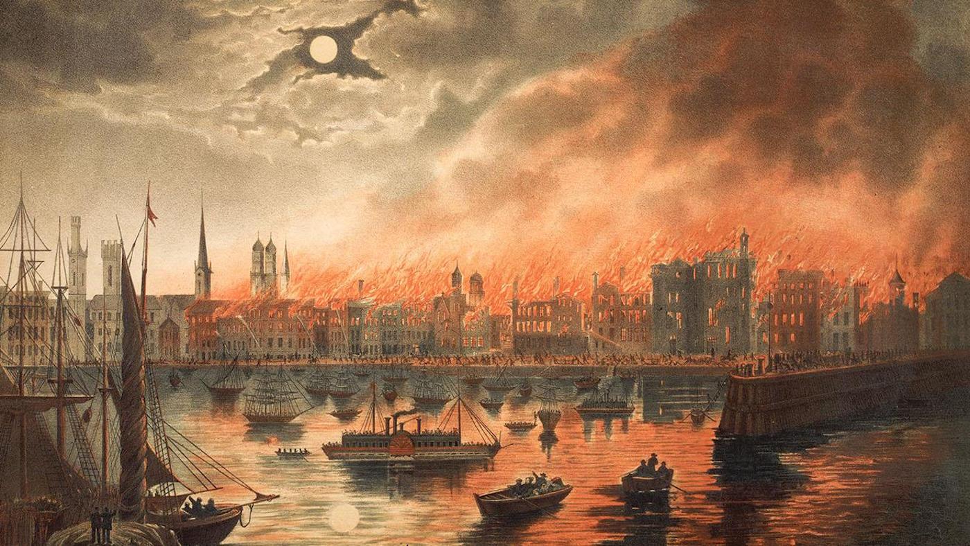 An illustration of the Great Chicago Fire. Image: Courtesy of the Chicago History Museum