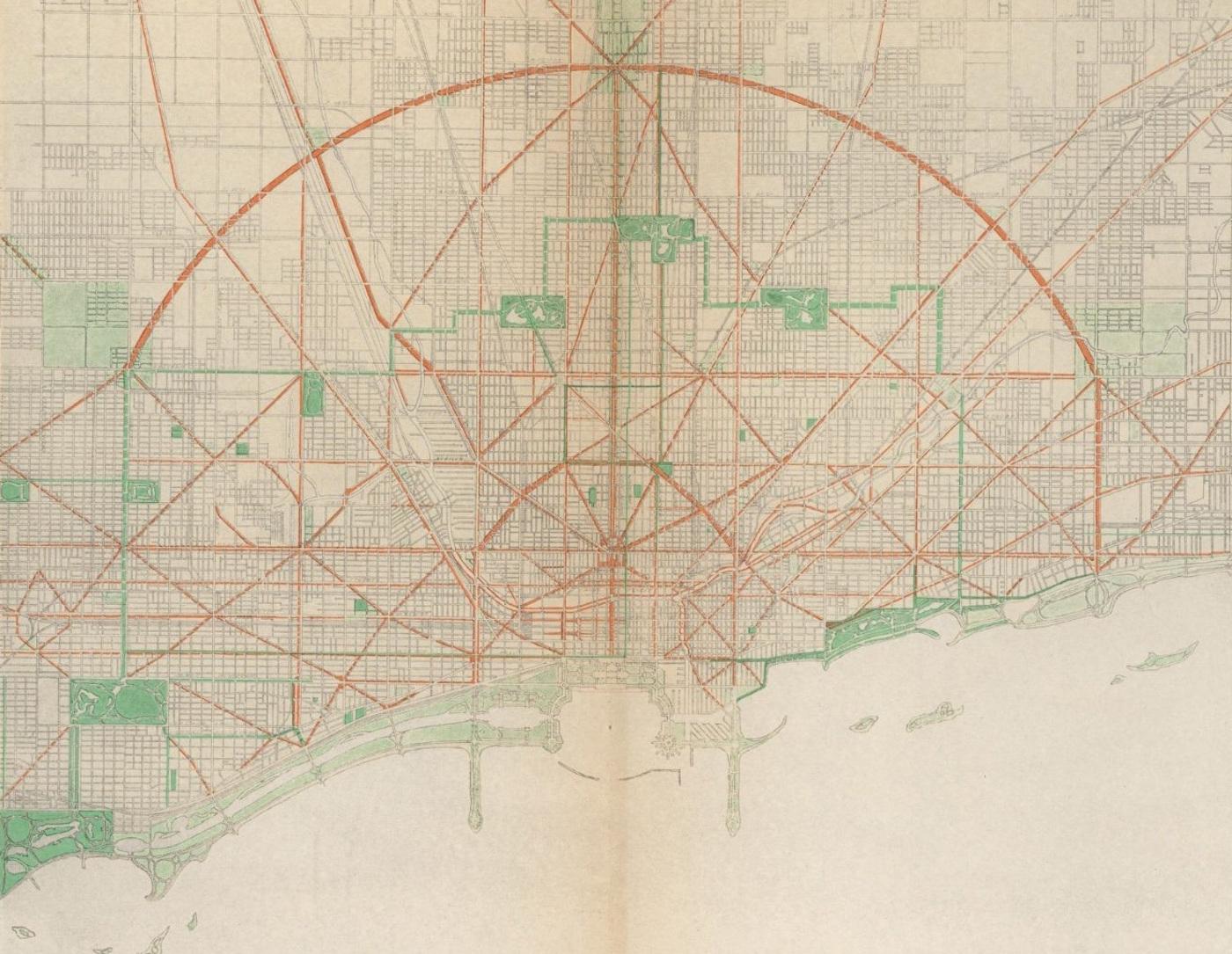 An illustration from the 1909 'Plan of Chicago' depicting a proposed layout of streets. Image: Typ 970U Ref 09.296, Houghton Library, Harvard University/Wikimedia Commons