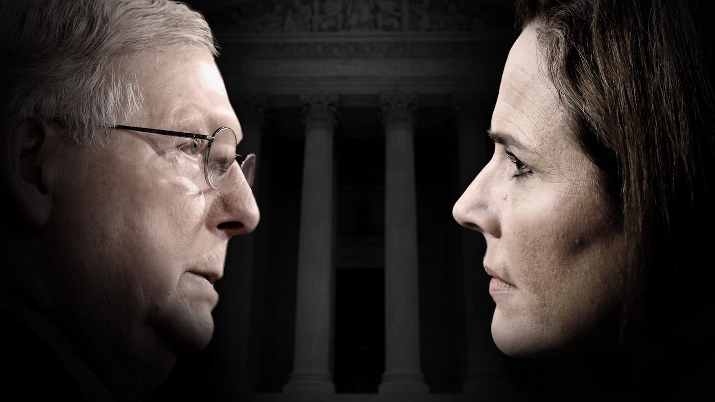 Mitch McConnell and Amy Coney Barrett. Photos: From left to right: Aaron Bernstein/REUTERS; Claire Anderson/Unsplash; POOL New/REUTERS